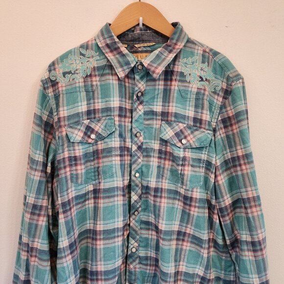 Vtg GUESS Pearl Snap Western Button Up Long Green Plaid Embroidered Men Xl - Picture 4 of 16